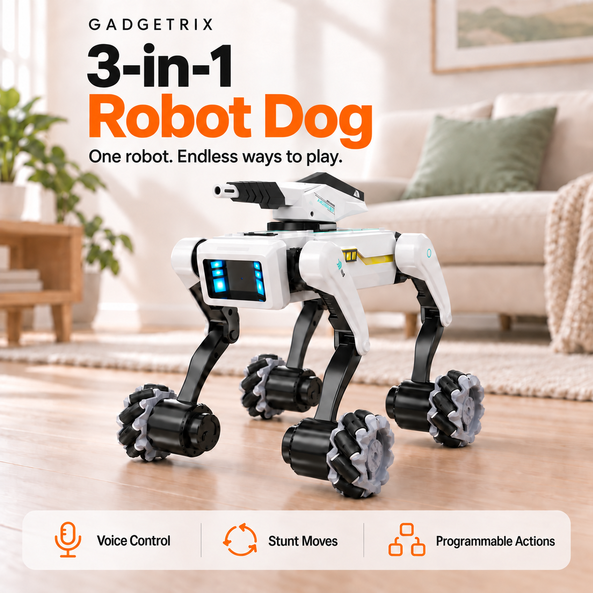 Gadgetrix 3-in-1 Robot Dog with the launcher attachment in a living room