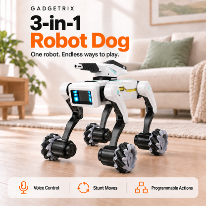 Gadgetrix 3-in-1 Robot Dog with the launcher attachment in a living room