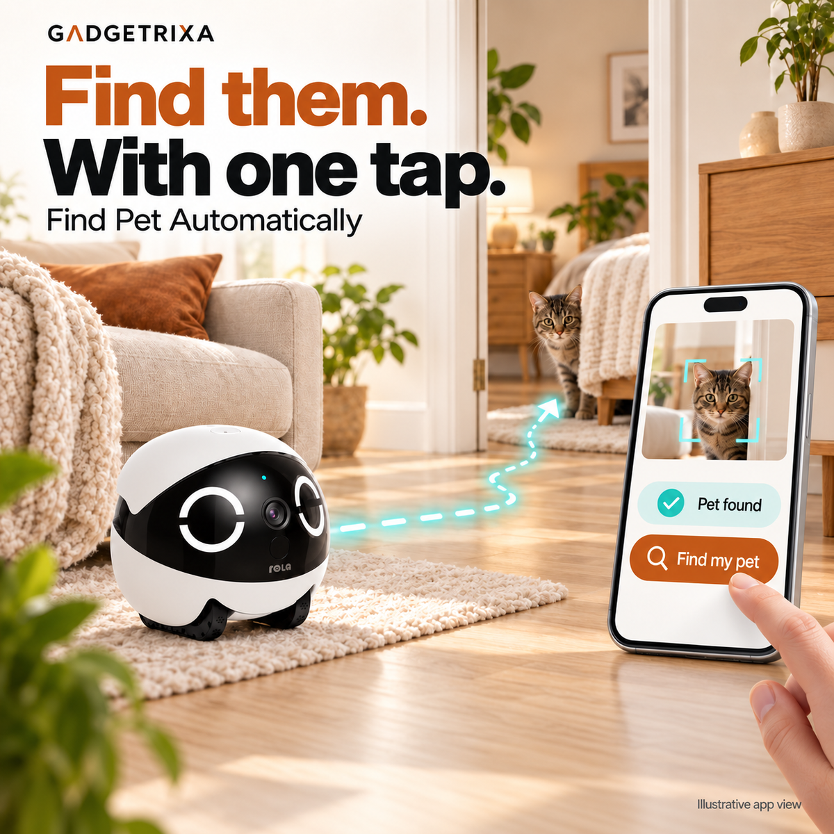 Automatic pet search, illustrated with a route to a cat and an app control.