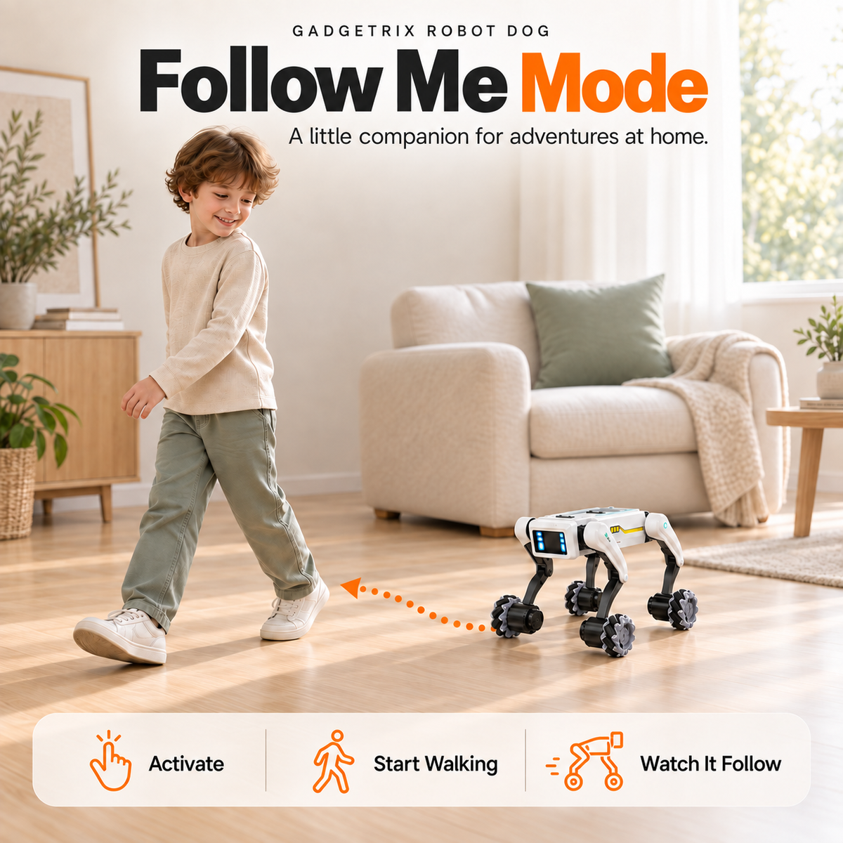 Gadgetrix Robot Dog in Follow Me mode in a living room