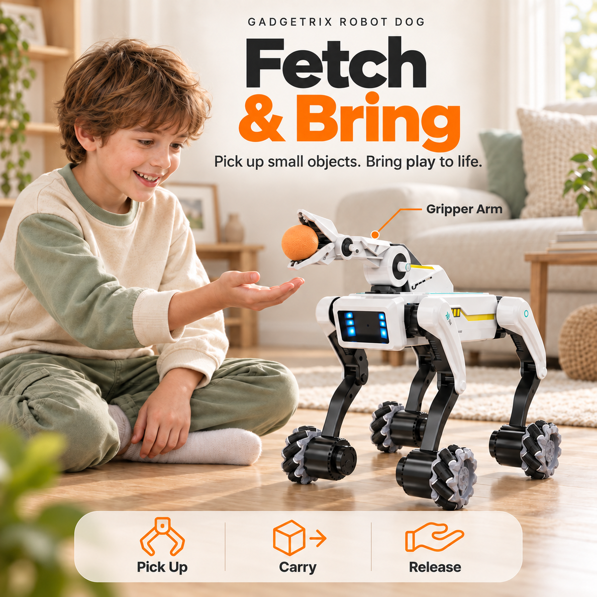 Gadgetrix Robot Dog with the gripper arm playing Fetch & Bring in a living room