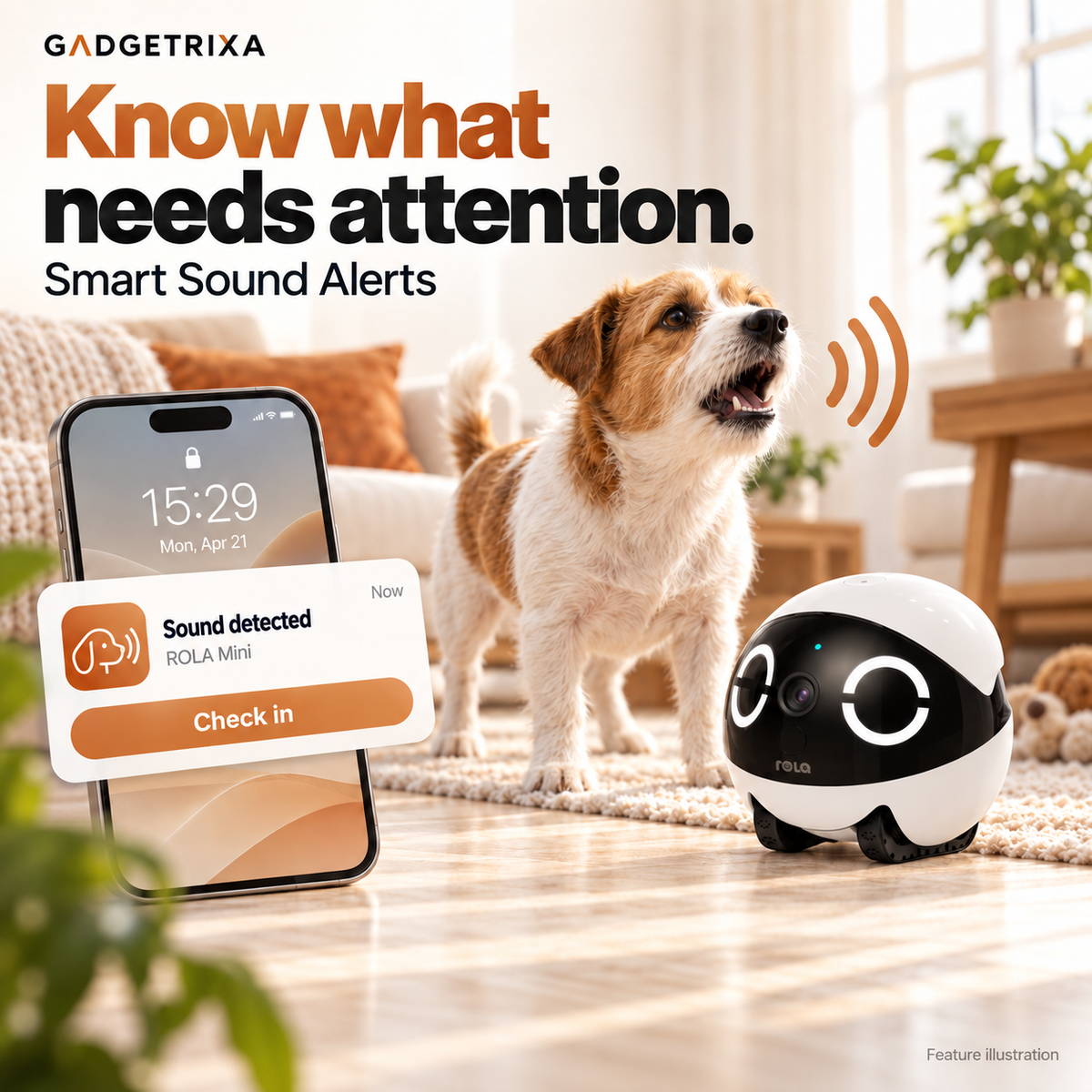 Sound notification and remote check-in with ROLA Mini; illustrative app interface.