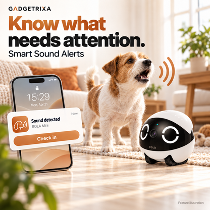 Sound notification and remote check-in with ROLA Mini; illustrative app interface.