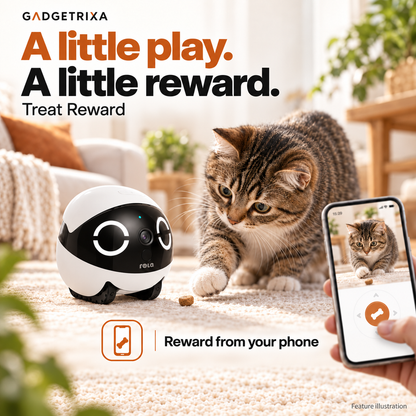 A cat with a treat and an illustrated reward control on a phone.