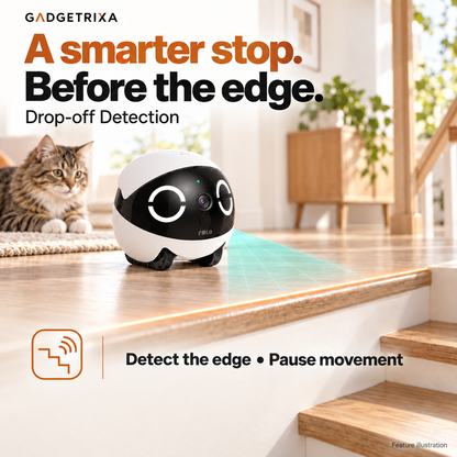 Robot pauses before a floor edge; illustrative sensing visualization.