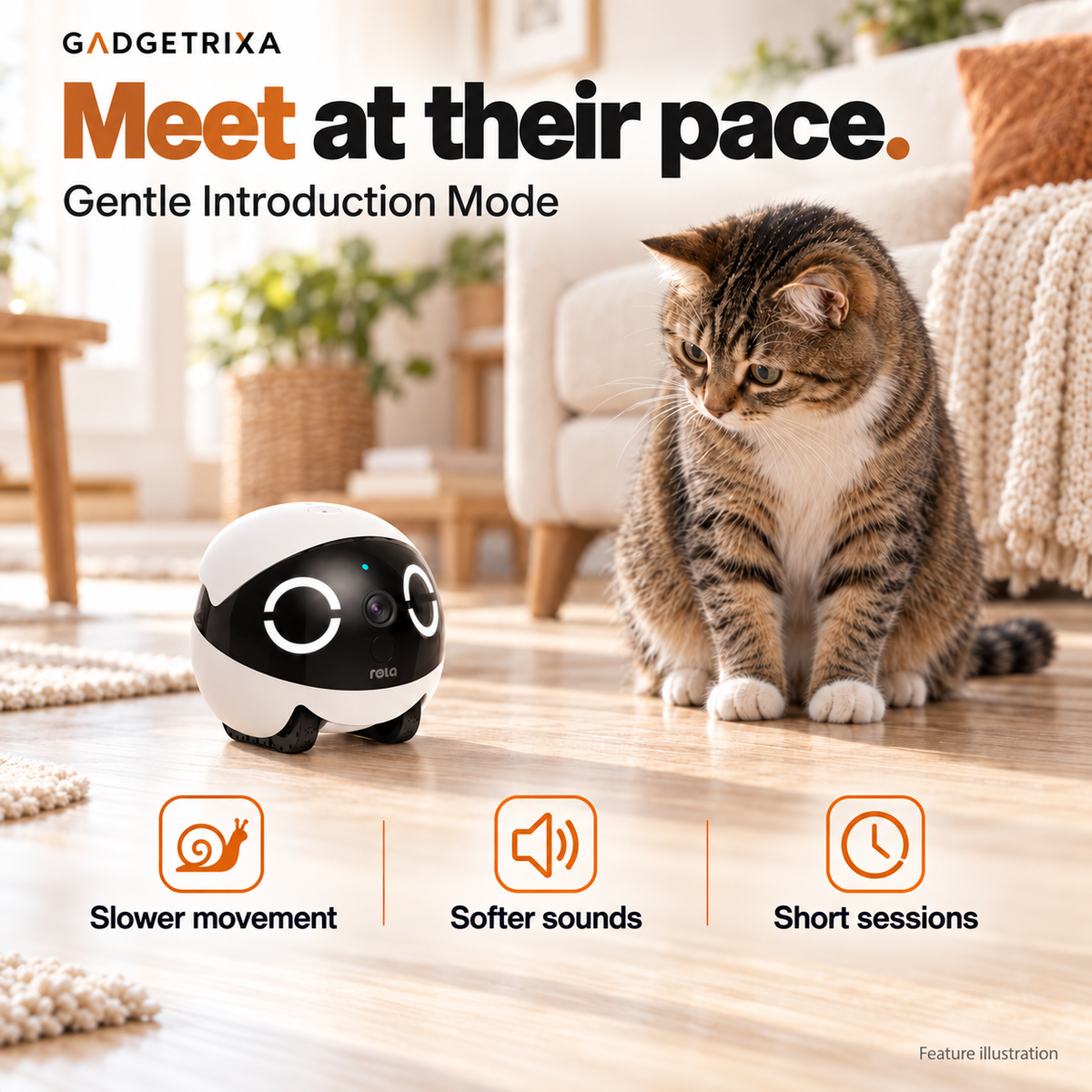 A cat meets the robot using slower movement, softer sounds and short sessions.