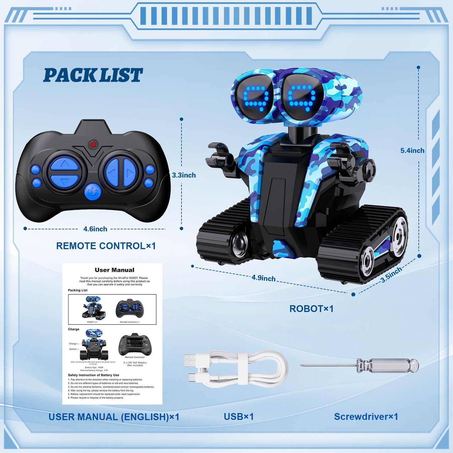 MindPal Robot Toys for Boys Girls with Auto-Demonstration Robots for Kids Remote Control Kids Robot Rechargeable with LED Eyes Smart Robot Age 3 Years and Up - Blue
