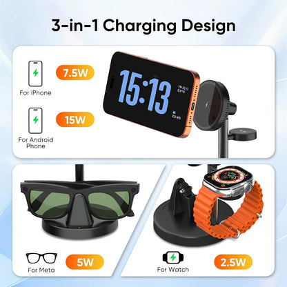 3-in-1 Fast Charging Station — Smart Glasses, Phone & Watch