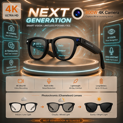 AI Smart Camera Glasses 2.0 – 4K Recording, Live Translation & AR Navigation