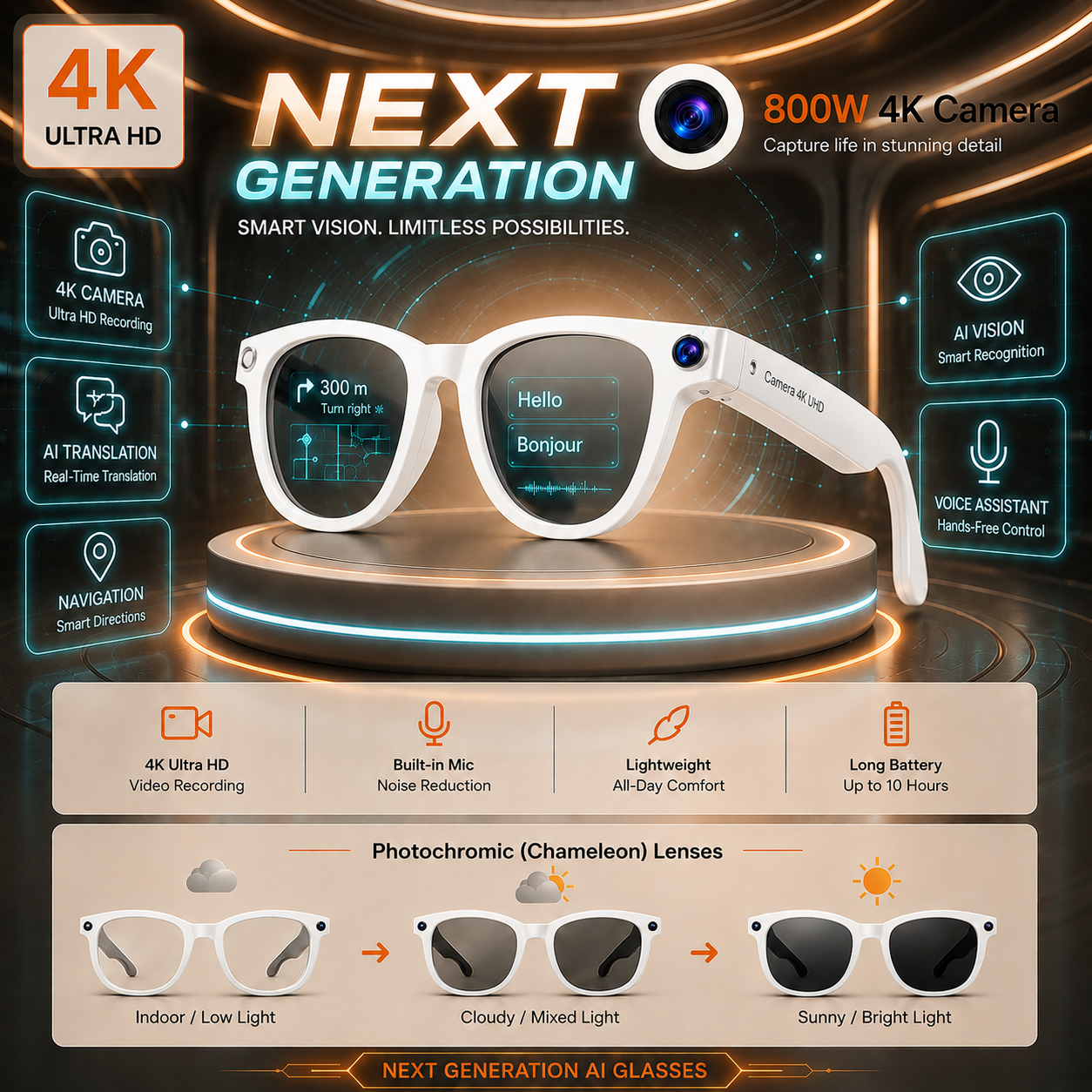 AI Smart Camera Glasses 2.0 – 4K Recording, Live Translation & AR Navigation