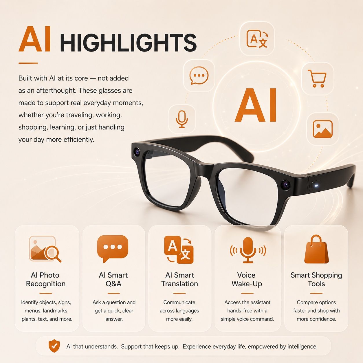 AI Smart Glasses - Camera 8 MP, Real-Time Translation, Navigation