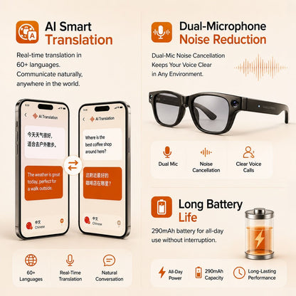 AI Smart Glasses - Camera 8 MP, Real-Time Translation, Navigation
